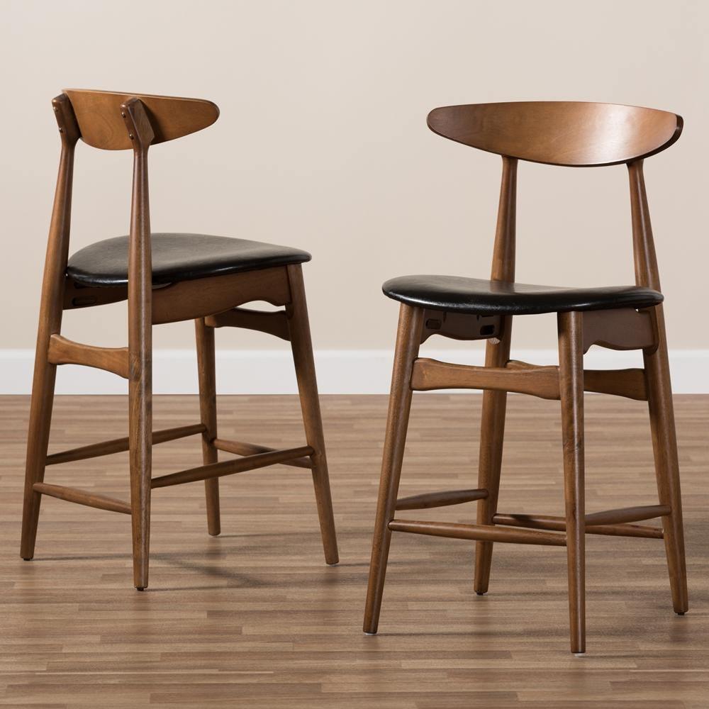 Flora Mid-Century Modern Black Faux Leather Upholstered Walnut Finished Counter Stool (Set of 2) FredCo