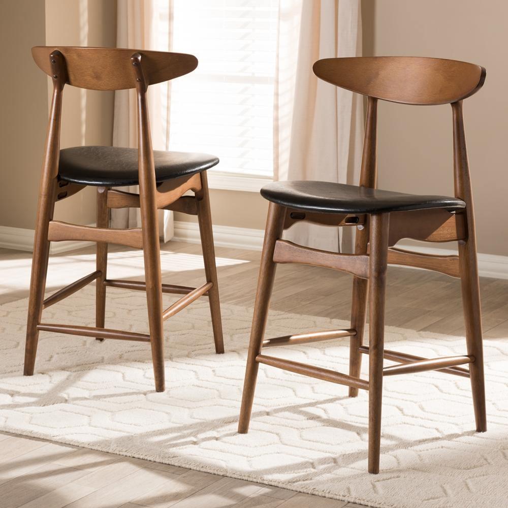 Flora Mid-Century Modern Black Faux Leather Upholstered Walnut Finished Counter Stool (Set of 2) FredCo
