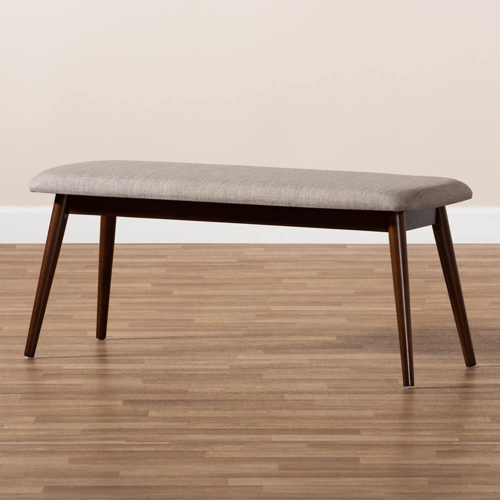 Flora Mid-Century Modern Light Grey Fabric Upholstered Walnut Finished Wood Dining Bench FredCo
