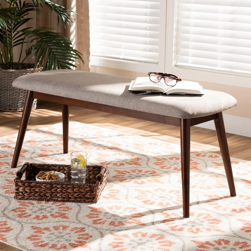 Flora Mid-Century Modern Light Grey Fabric Upholstered Walnut Finished Wood Dining Bench FredCo