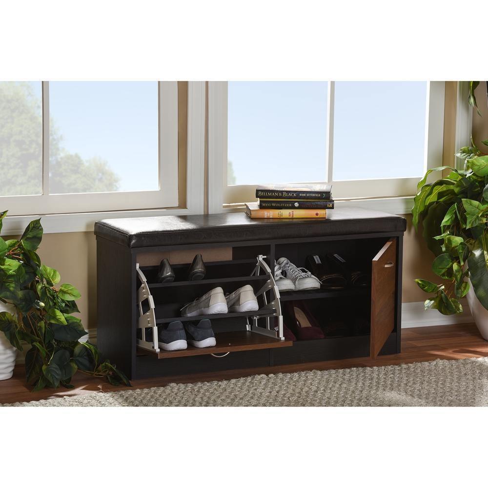 Foley Modern and Contemporary 2-tone Dark Brown and Oak Finishing Entryway Storage Cushioned Bench Shoe Rack Cabinet Organizer FredCo
