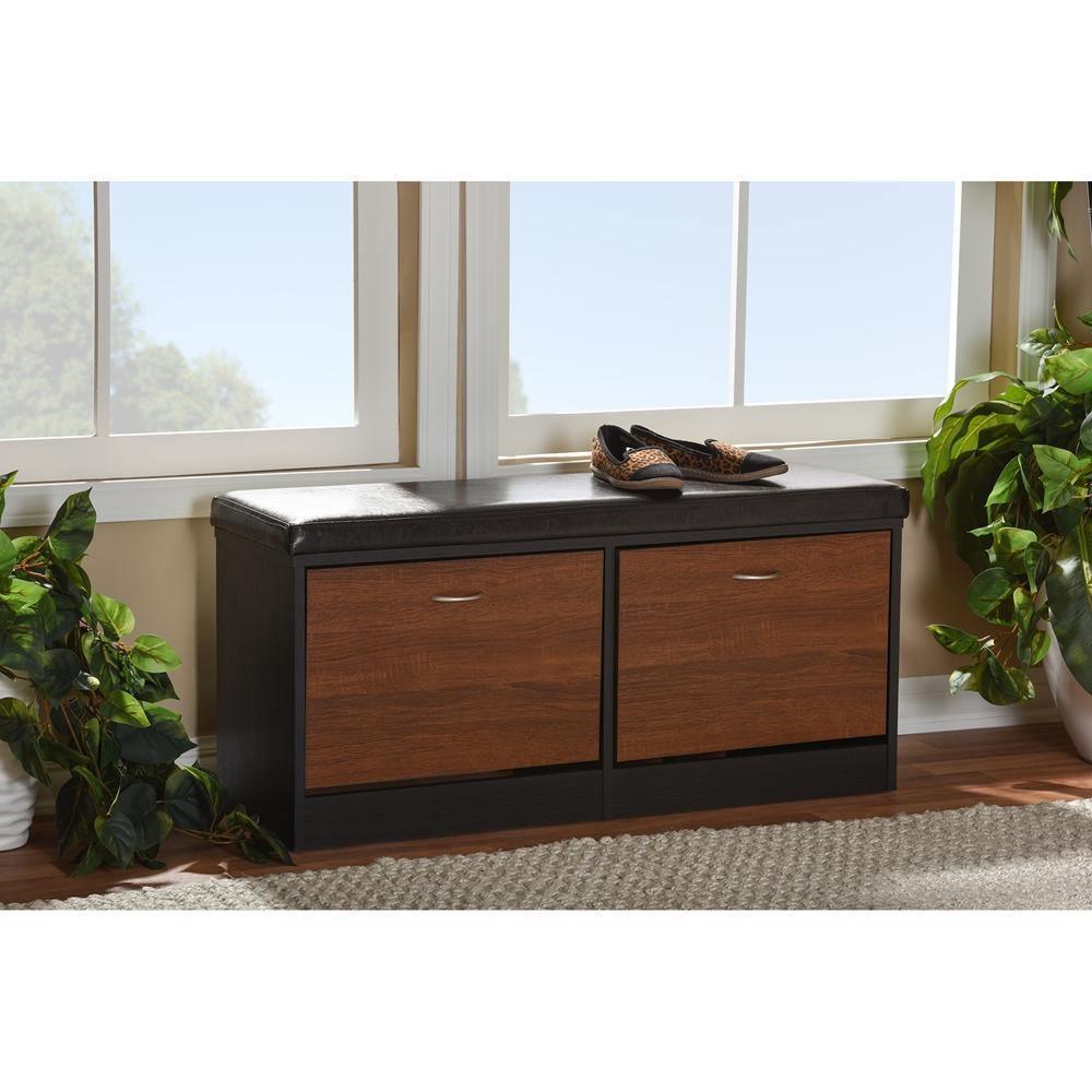 Foley Modern and Contemporary 2-tone Dark Brown and Oak Finishing Entryway Storage Cushioned Bench Shoe Rack Cabinet Organizer FredCo