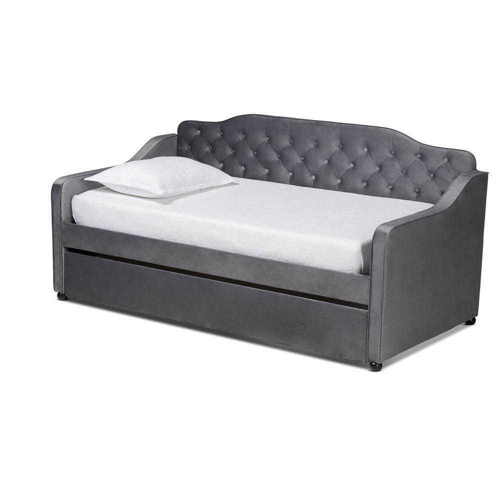 Freda Traditional and Transitional Grey Velvet Fabric Upholstered and Button Tufted Twin Size Daybed with Trundle FredCo