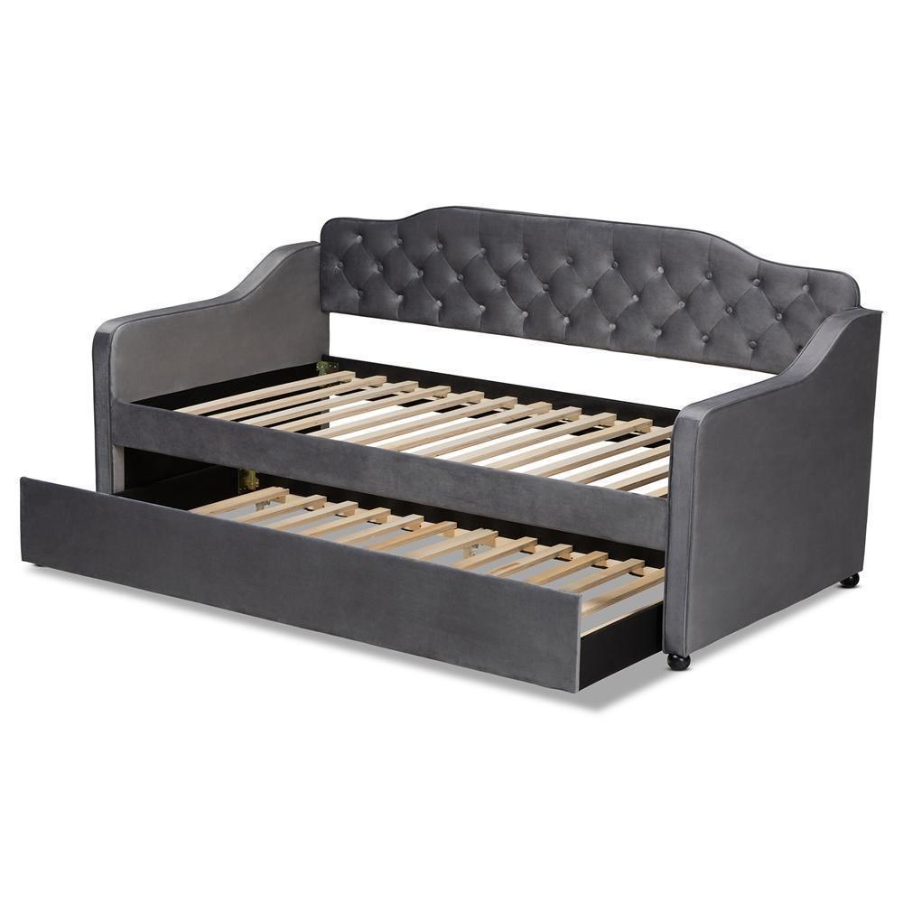 Freda Traditional and Transitional Grey Velvet Fabric Upholstered and Button Tufted Twin Size Daybed with Trundle FredCo