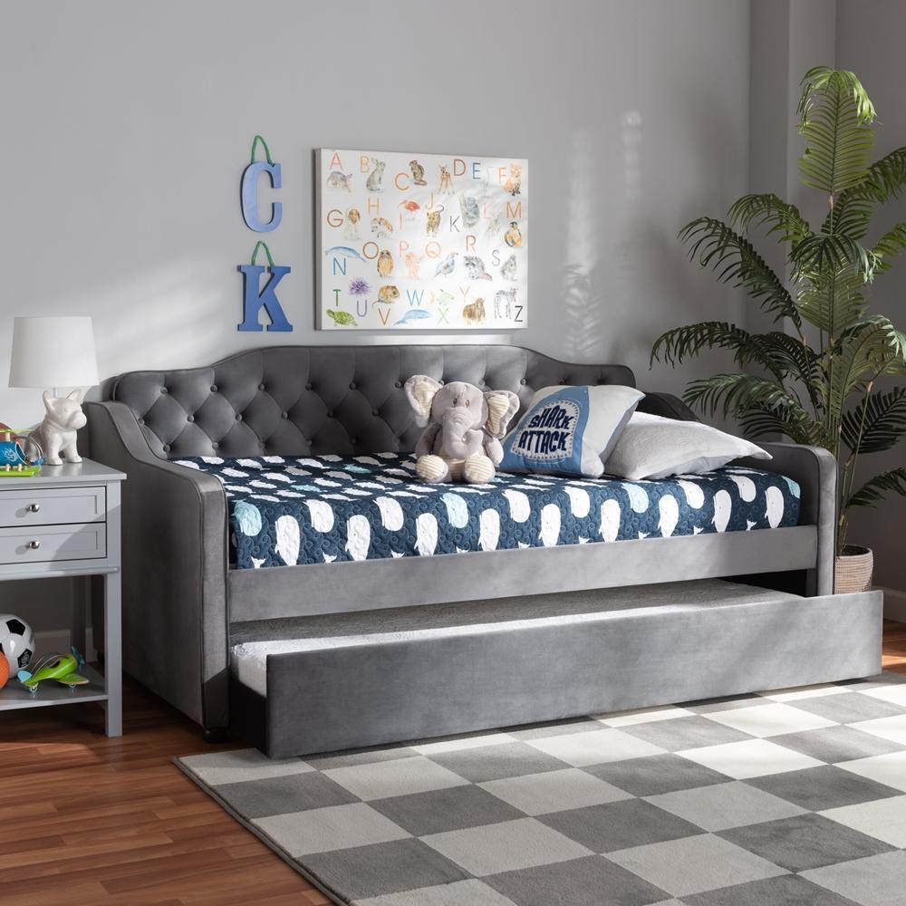 Freda Traditional and Transitional Grey Velvet Fabric Upholstered and Button Tufted Twin Size Daybed with Trundle FredCo