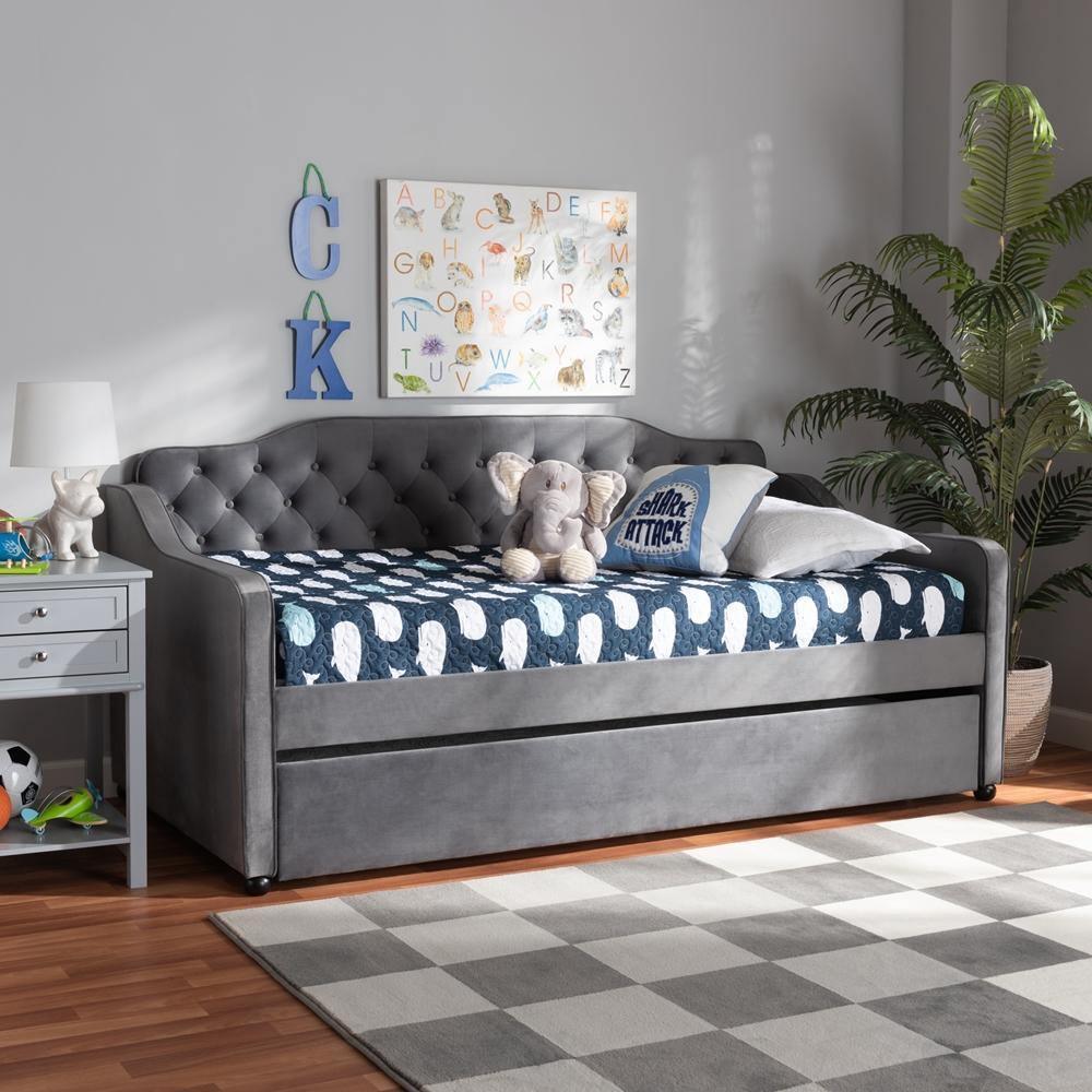 Freda Traditional and Transitional Grey Velvet Fabric Upholstered and Button Tufted Twin Size Daybed with Trundle FredCo