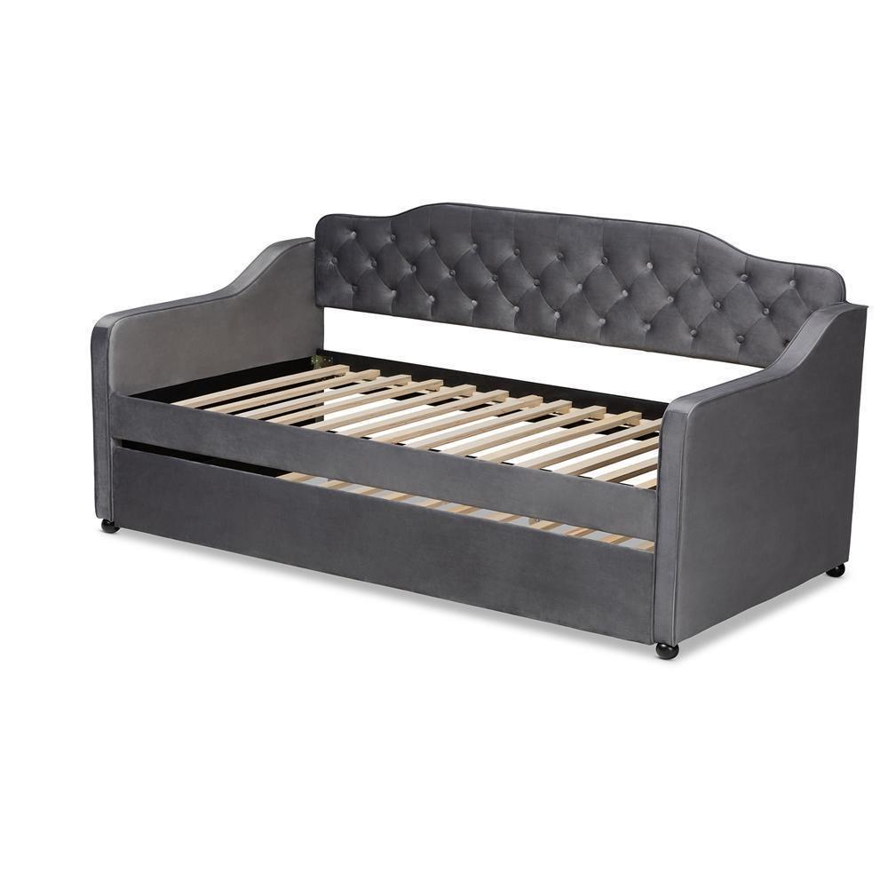 Freda Traditional and Transitional Grey Velvet Fabric Upholstered and Button Tufted Twin Size Daybed with Trundle FredCo