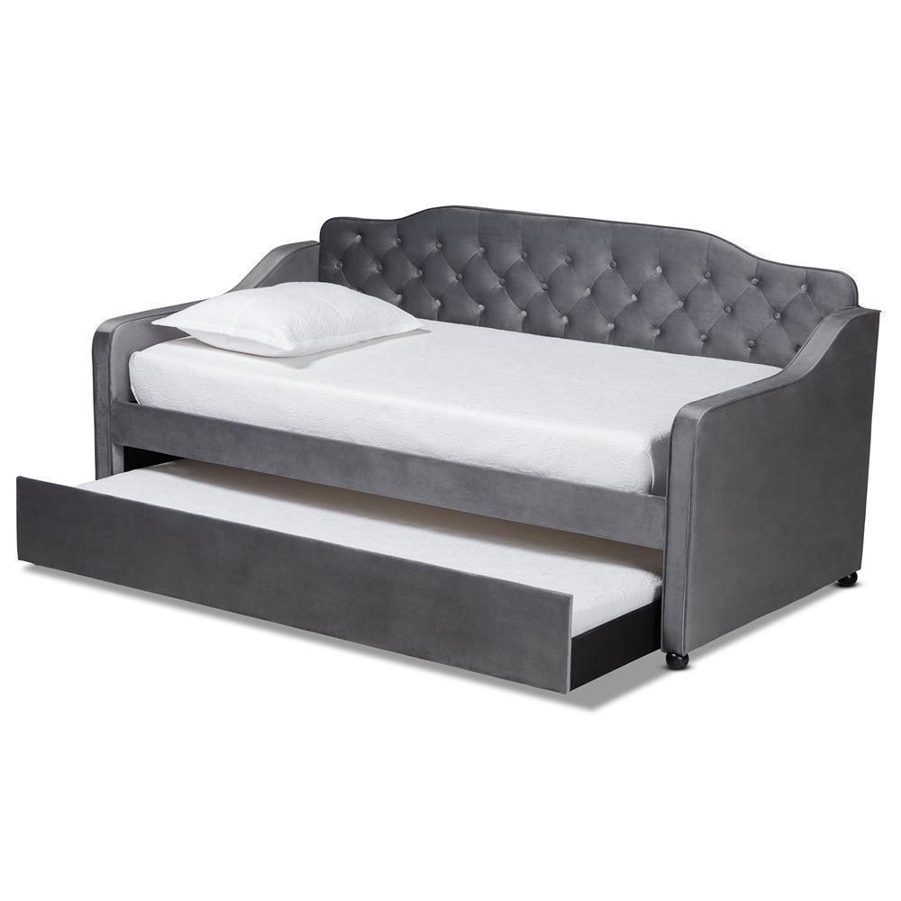 Freda Traditional and Transitional Grey Velvet Fabric Upholstered and Button Tufted Twin Size Daybed with Trundle FredCo