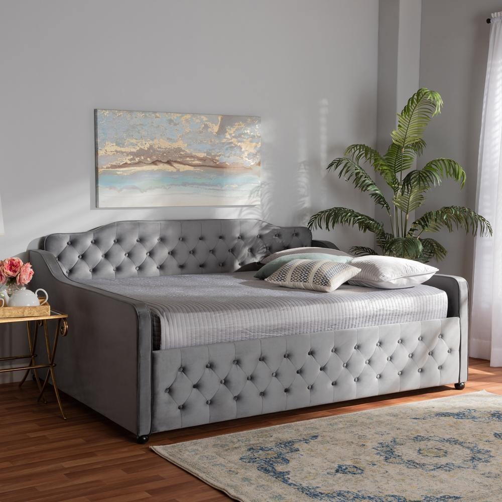 Freda Transitional and Contemporary Grey Velvet Fabric Upholstered and Button Tufted Full Size Daybed FredCo