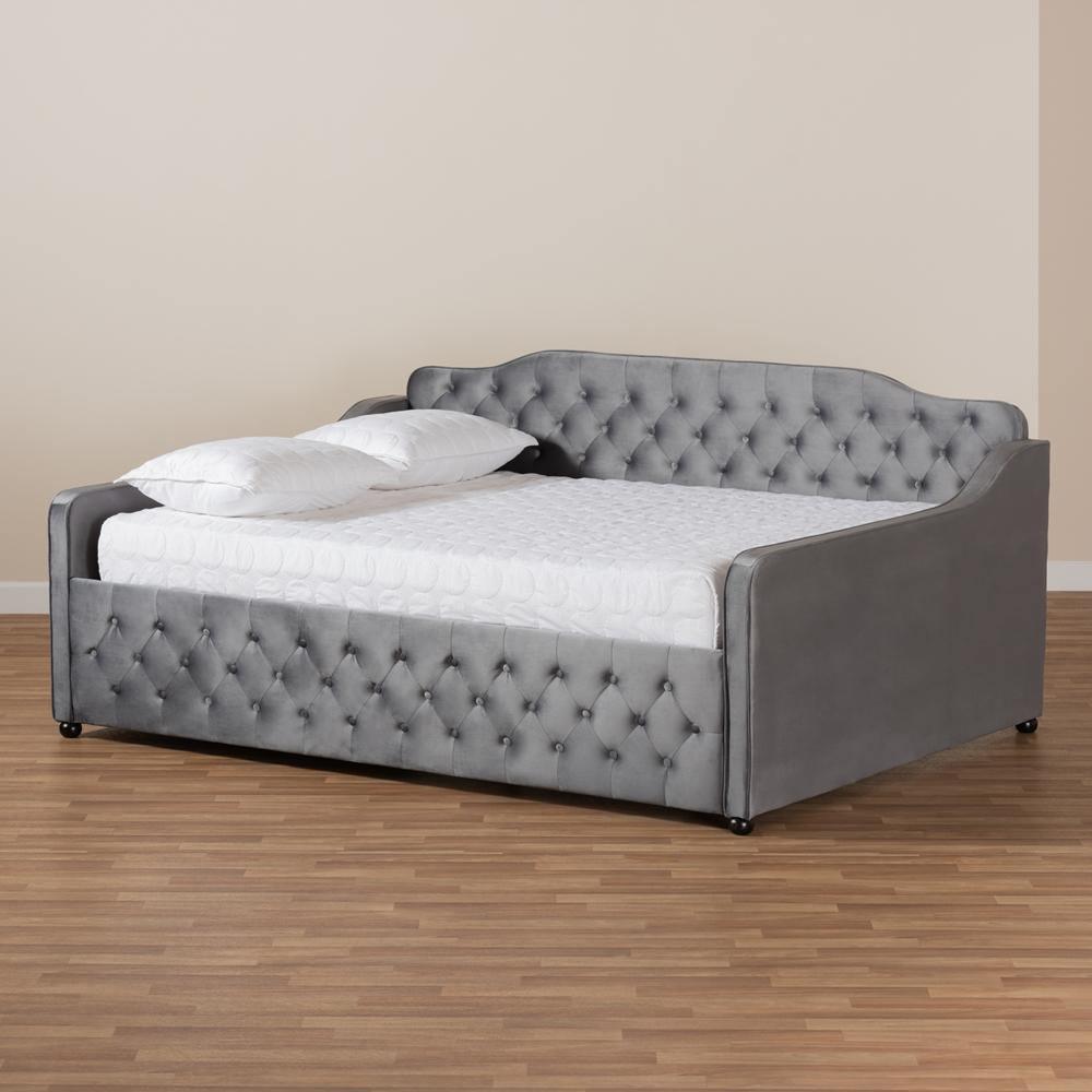 Freda Transitional and Contemporary Grey Velvet Fabric Upholstered and Button Tufted Full Size Daybed FredCo