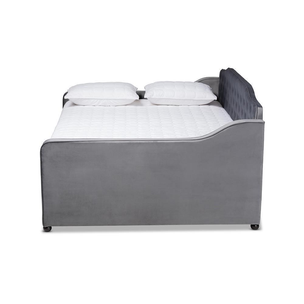 Freda Transitional and Contemporary Grey Velvet Fabric Upholstered and Button Tufted Full Size Daybed FredCo