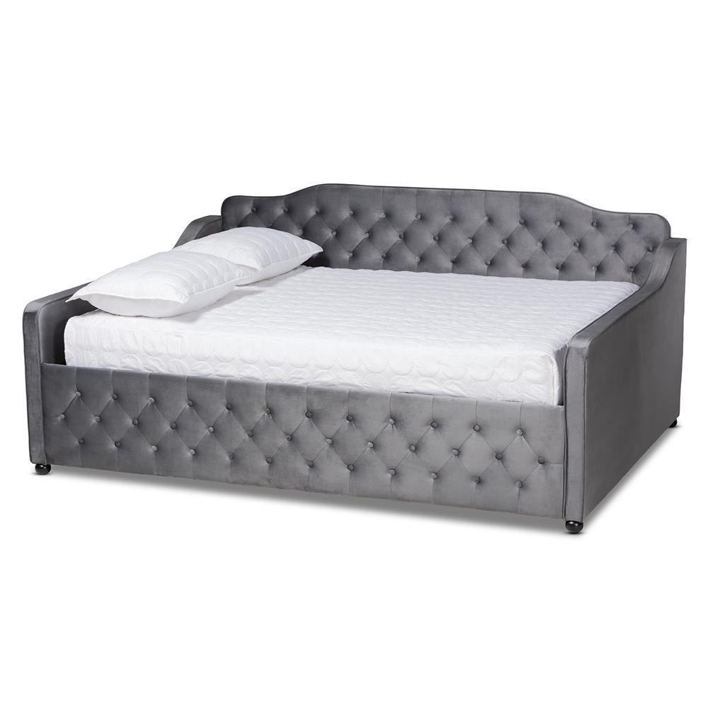 Freda Transitional and Contemporary Grey Velvet Fabric Upholstered and Button Tufted Full Size Daybed FredCo