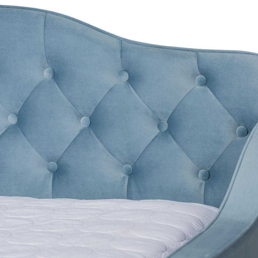 Freda Transitional and Contemporary Light Blue Velvet Fabric Upholstered and Button Tufted Queen Size Daybed with Trundle FredCo