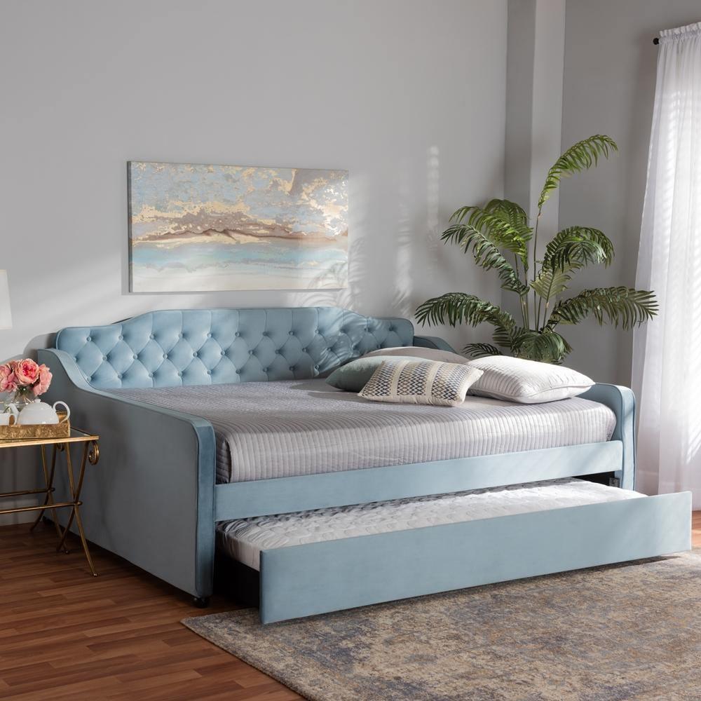 Freda Transitional and Contemporary Light Blue Velvet Fabric Upholstered and Button Tufted Queen Size Daybed with Trundle FredCo