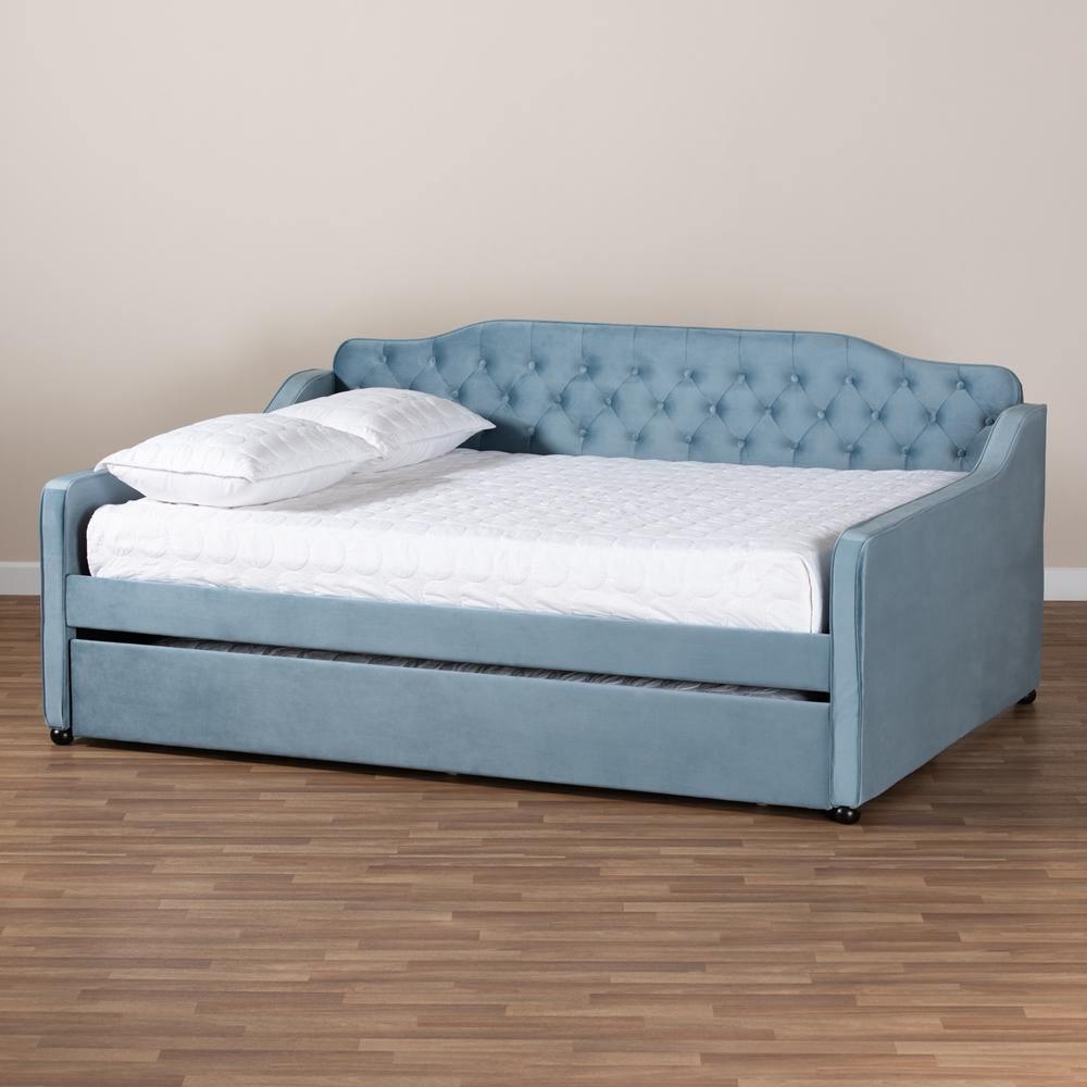 Freda Transitional and Contemporary Light Blue Velvet Fabric Upholstered and Button Tufted Queen Size Daybed with Trundle FredCo