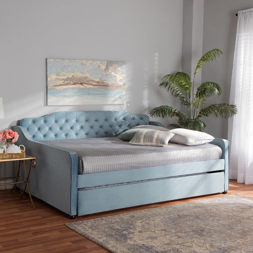 Freda Transitional and Contemporary Light Blue Velvet Fabric Upholstered and Button Tufted Queen Size Daybed with Trundle FredCo