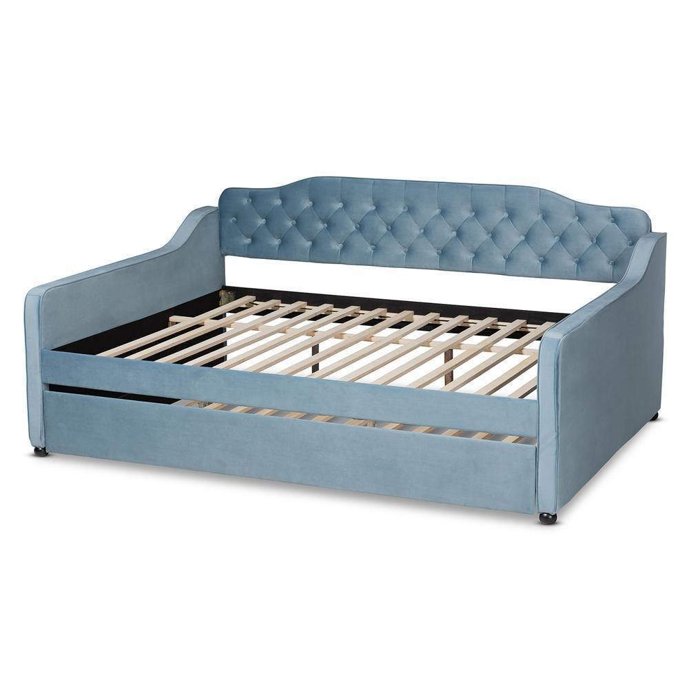 Freda Transitional and Contemporary Light Blue Velvet Fabric Upholstered and Button Tufted Queen Size Daybed with Trundle FredCo