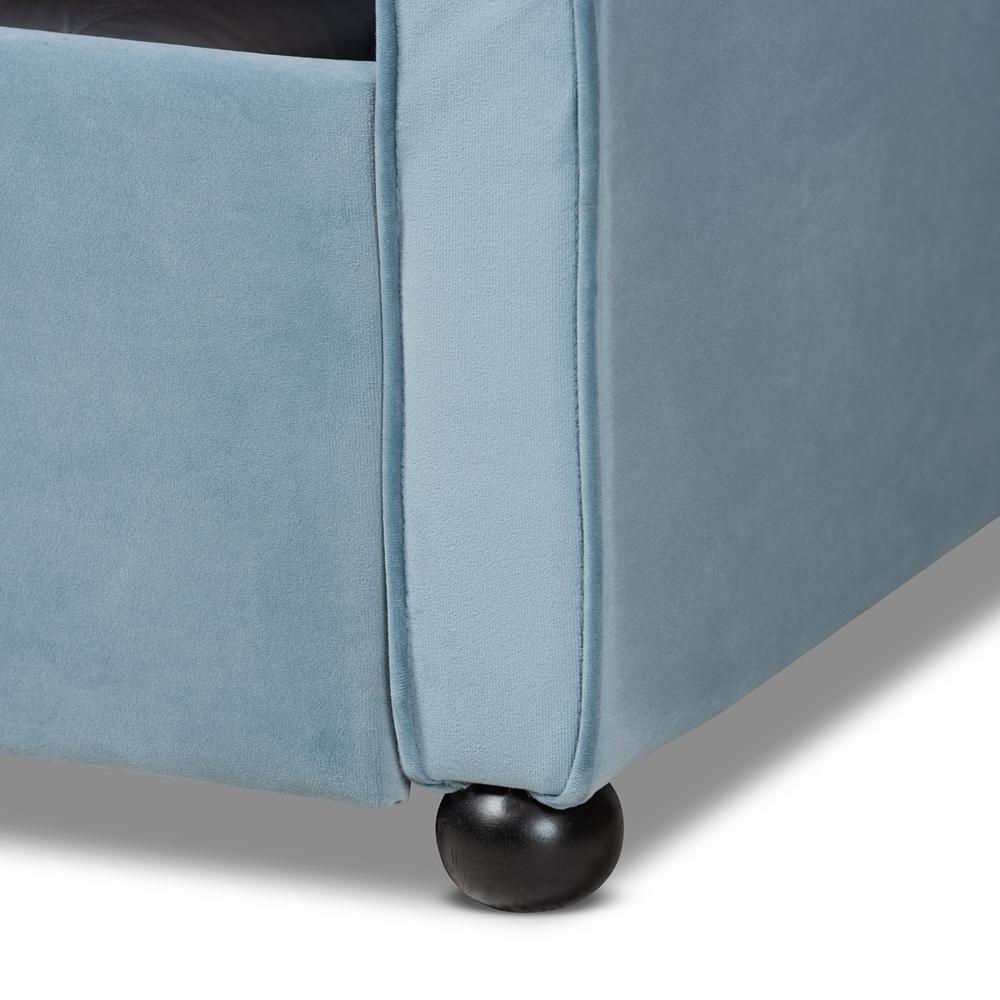 Freda Transitional and Contemporary Light Blue Velvet Fabric Upholstered and Button Tufted Queen Size Daybed with Trundle FredCo