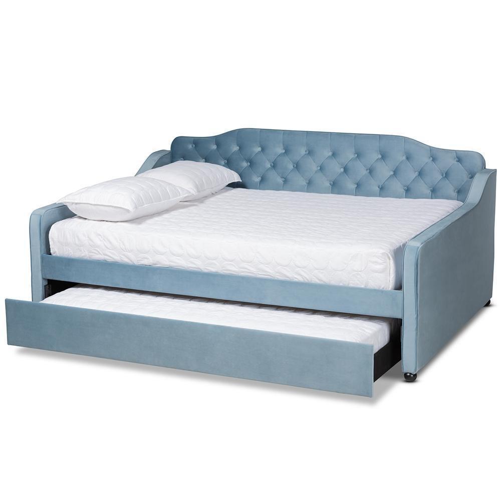 Freda Transitional and Contemporary Light Blue Velvet Fabric Upholstered and Button Tufted Queen Size Daybed with Trundle FredCo