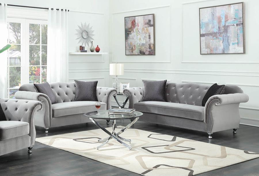 Frostine Upholstered Tufted Living Room Set Silver 551161-S2 Coaster FredCo