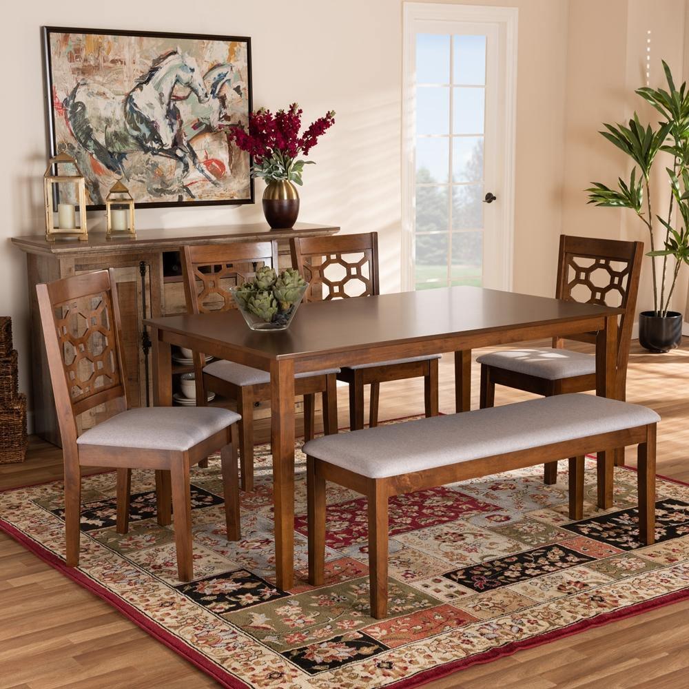 Gabriel Modern and Contemporary Grey Fabric Upholstered and Walnut Brown Finished Wood 6-Piece Dining Set FredCo