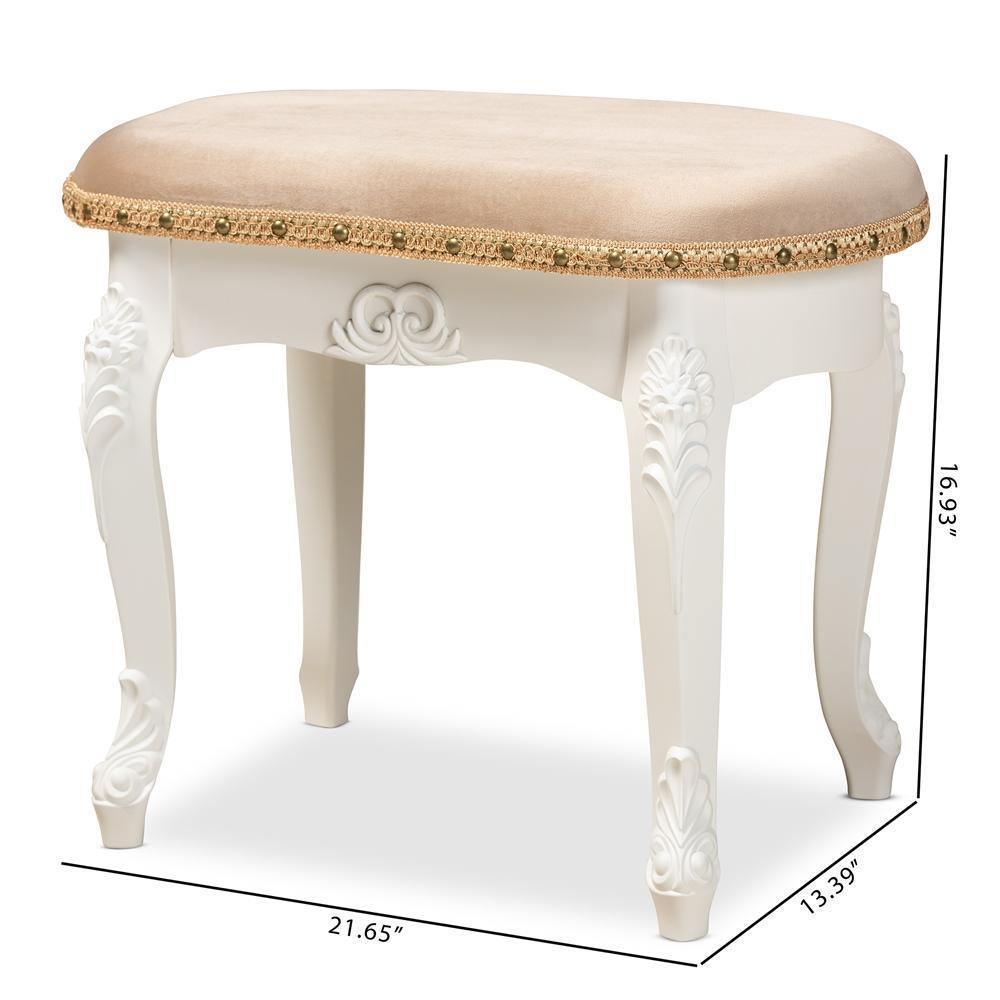 Gabrielle Traditional French Country Provincial Sand Velvet Fabric Upholstered White-Finished Wood Vanity Ottoman FredCo