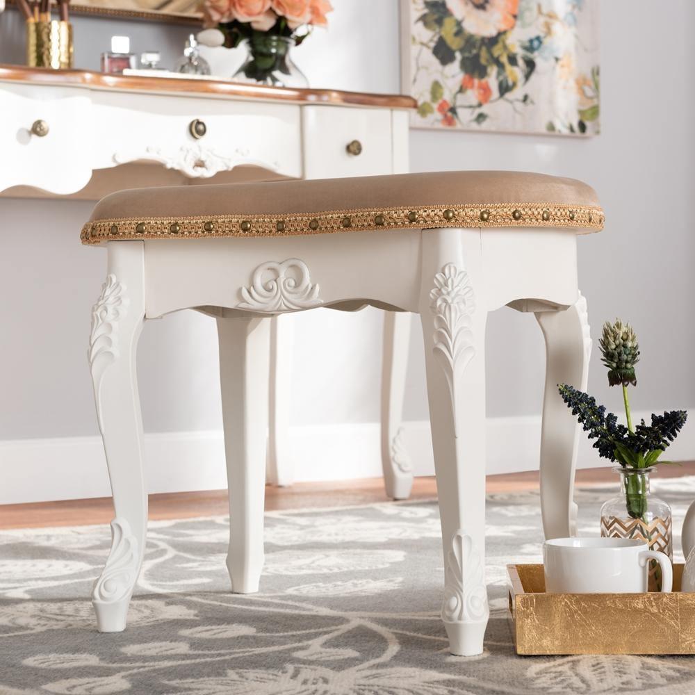 Gabrielle Traditional French Country Provincial Sand Velvet Fabric Upholstered White-Finished Wood Vanity Ottoman FredCo