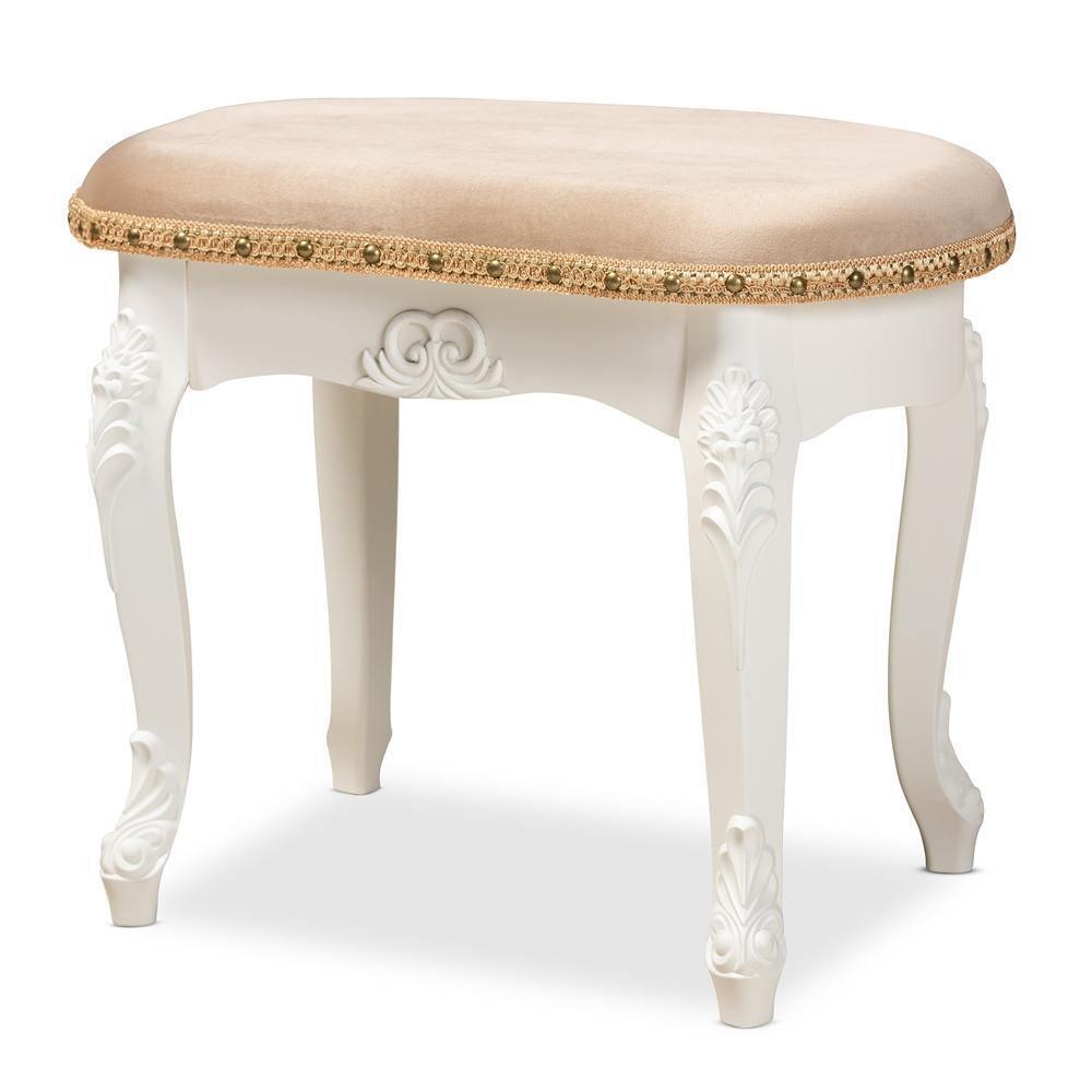 Gabrielle Traditional French Country Provincial Sand Velvet Fabric Upholstered White-Finished Wood Vanity Ottoman FredCo