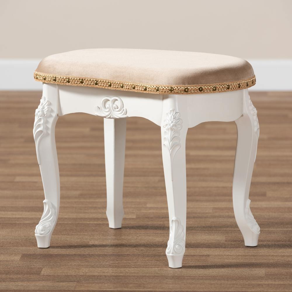 Gabrielle Traditional French Country Provincial Sand Velvet Fabric Upholstered White-Finished Wood Vanity Ottoman FredCo