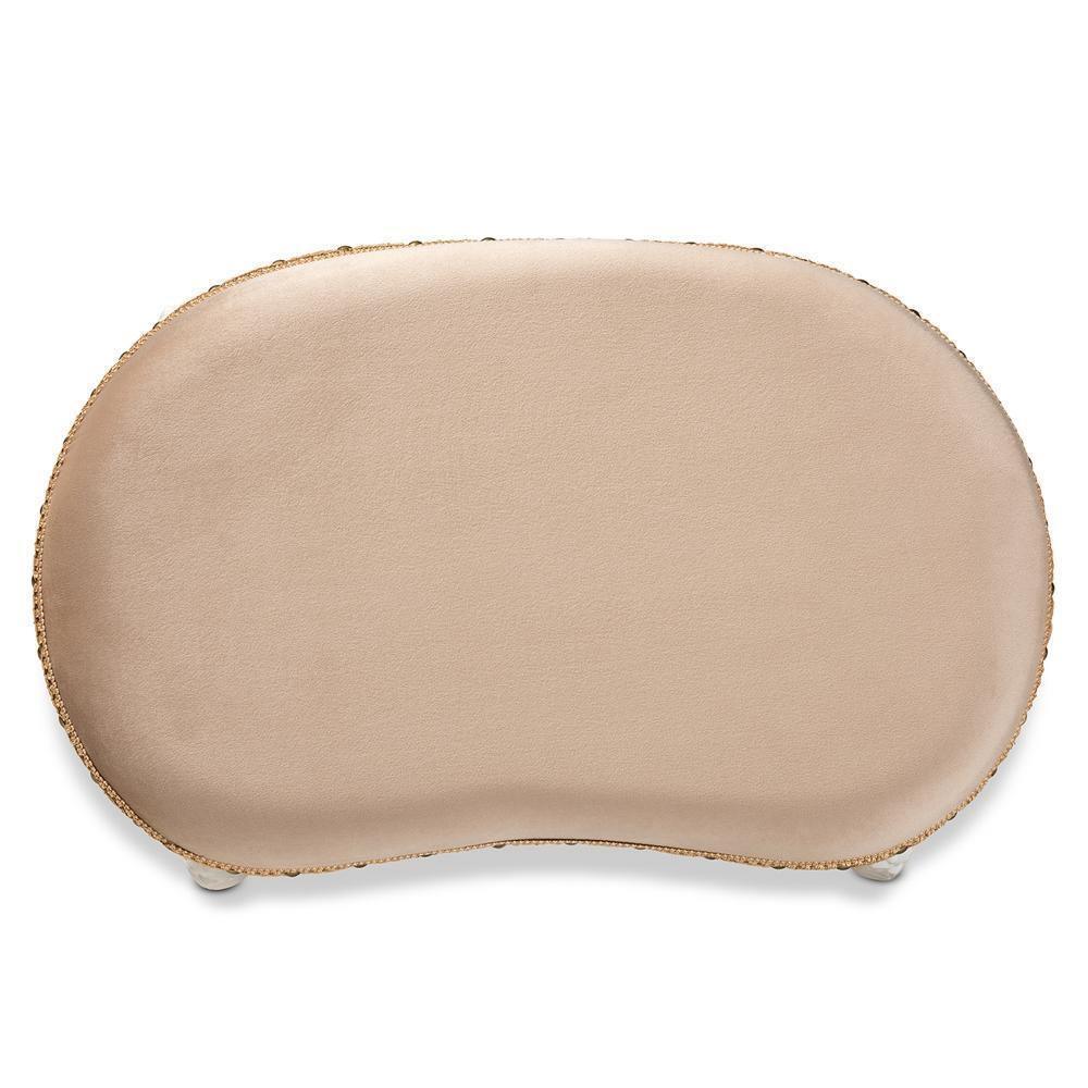 Gabrielle Traditional French Country Provincial Sand Velvet Fabric Upholstered White-Finished Wood Vanity Ottoman FredCo