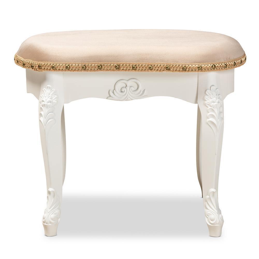 Gabrielle Traditional French Country Provincial Sand Velvet Fabric Upholstered White-Finished Wood Vanity Ottoman FredCo