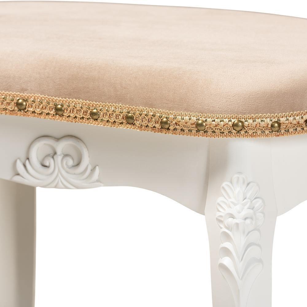 Gabrielle Traditional French Country Provincial Sand Velvet Fabric Upholstered White-Finished Wood Vanity Ottoman FredCo