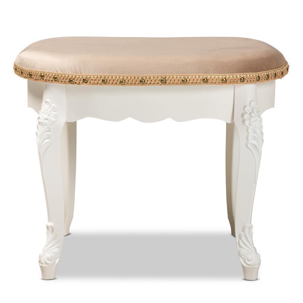Gabrielle Traditional French Country Provincial Sand Velvet Fabric Upholstered White-Finished Wood Vanity Ottoman FredCo
