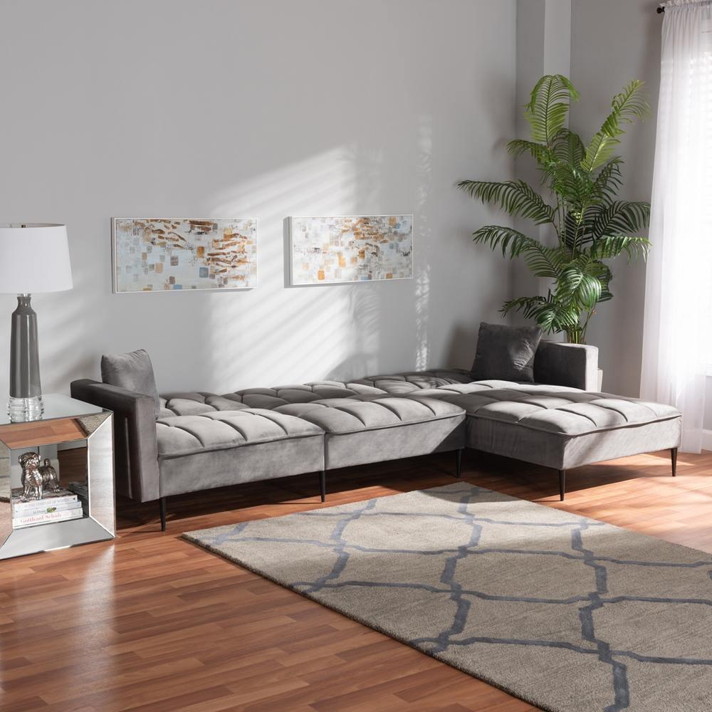 Galena Contemporary Glam and Grey Velvet Fabric and Black Finished Metal Sleeper Sectional Sofa with Right Facing Chaise FredCo