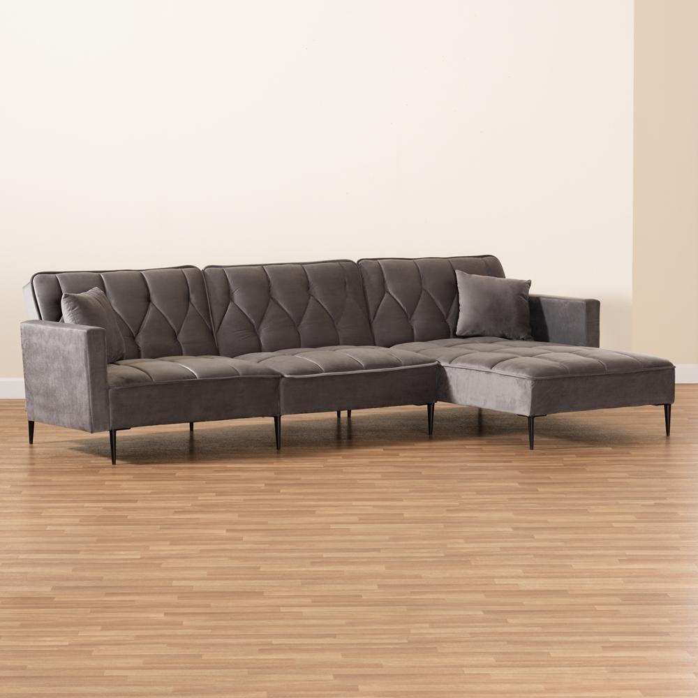 Galena Contemporary Glam and Grey Velvet Fabric and Black Finished Metal Sleeper Sectional Sofa with Right Facing Chaise FredCo