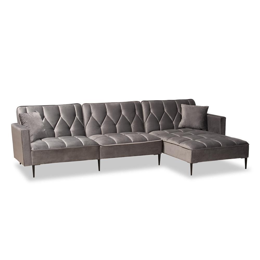 Galena Contemporary Glam and Grey Velvet Fabric and Black Finished Metal Sleeper Sectional Sofa with Right Facing Chaise FredCo