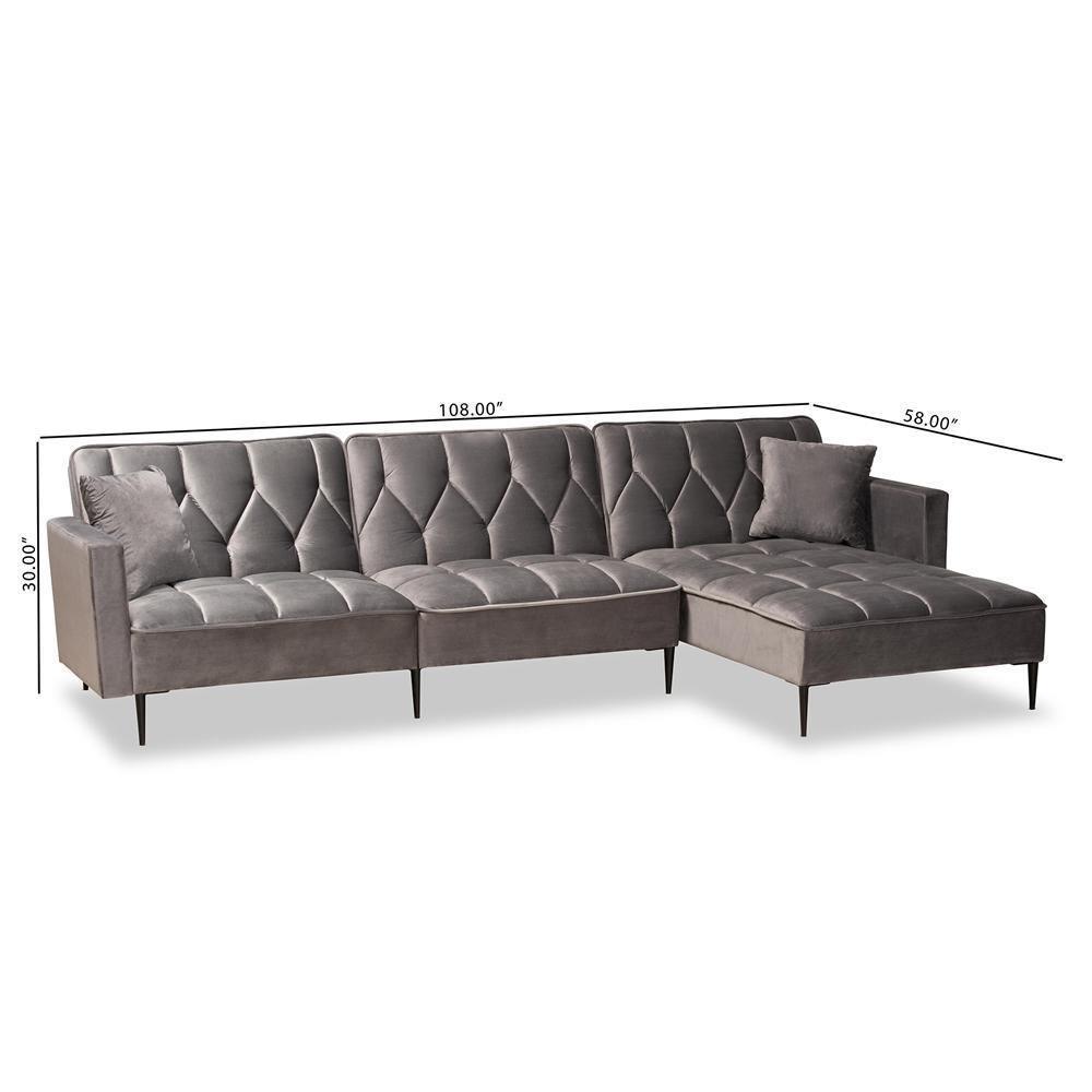 Galena Contemporary Glam and Grey Velvet Fabric and Black Finished Metal Sleeper Sectional Sofa with Right Facing Chaise FredCo