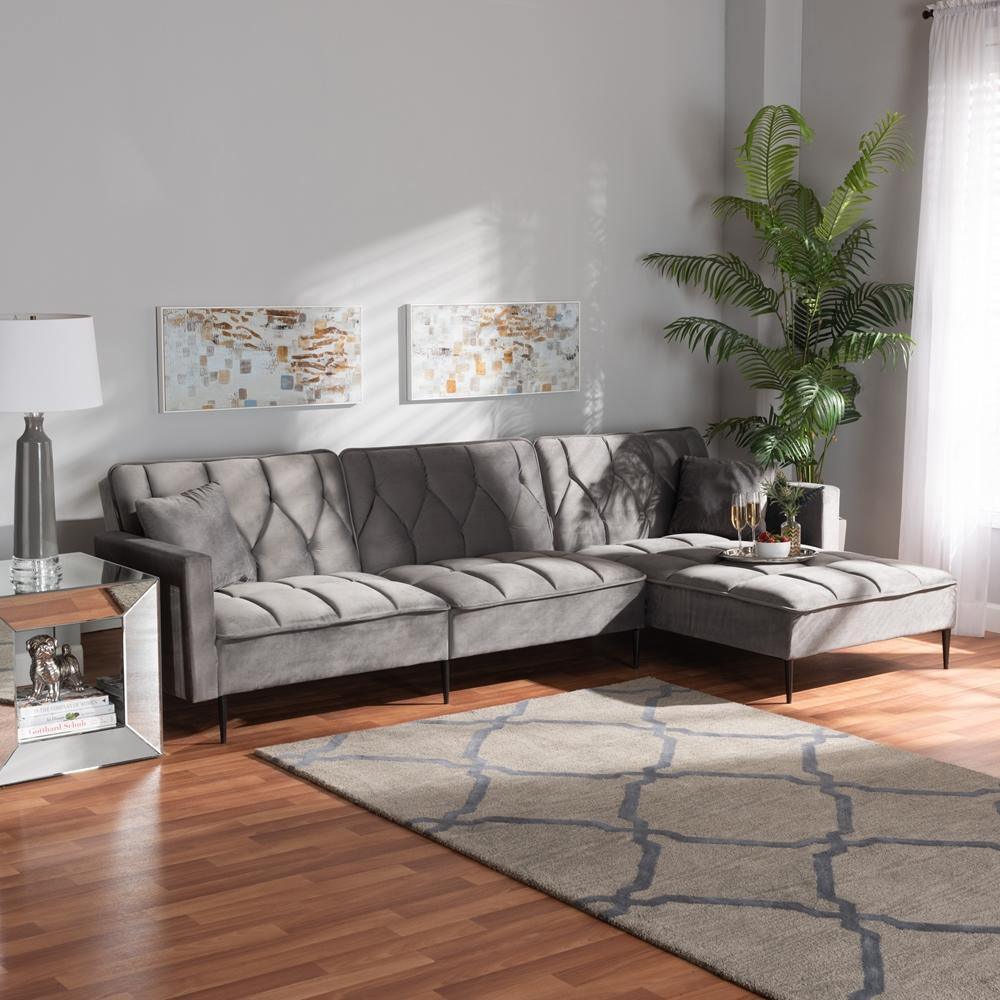 Galena Contemporary Glam and Grey Velvet Fabric and Black Finished Metal Sleeper Sectional Sofa with Right Facing Chaise FredCo