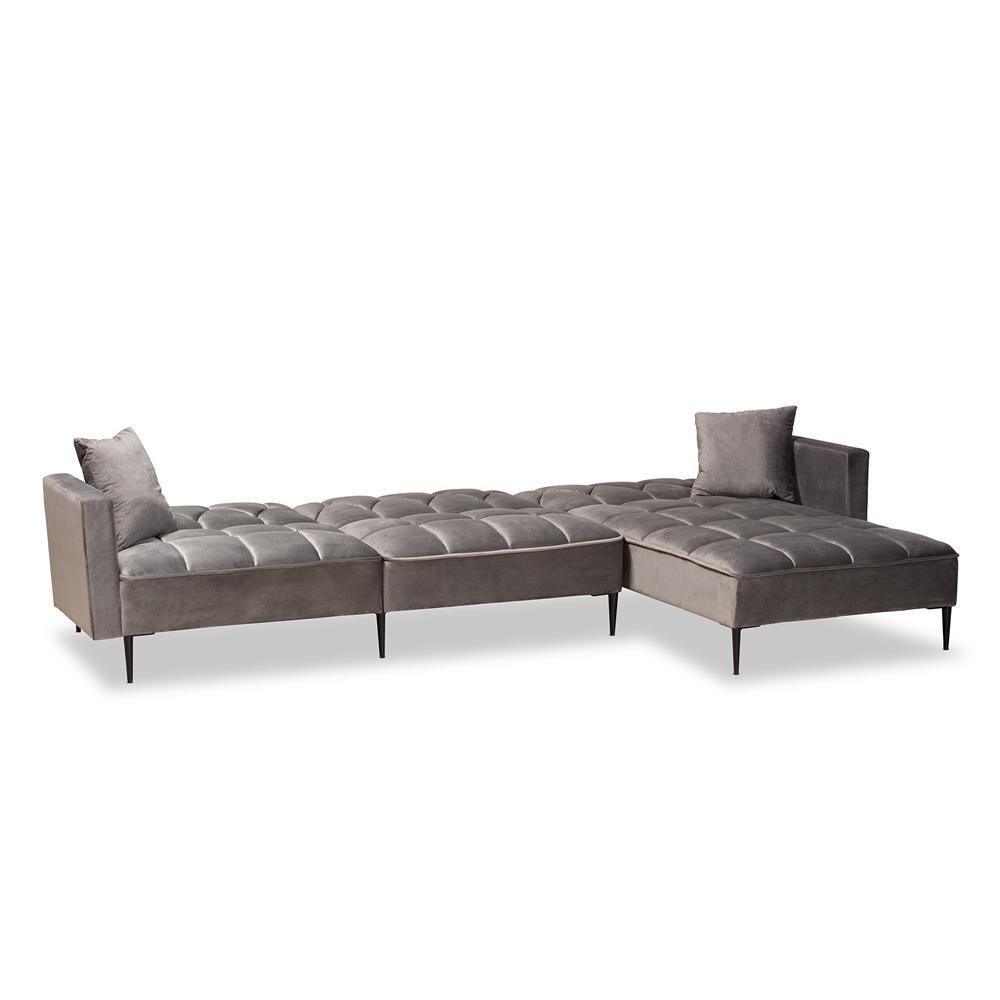 Galena Contemporary Glam and Grey Velvet Fabric and Black Finished Metal Sleeper Sectional Sofa with Right Facing Chaise FredCo