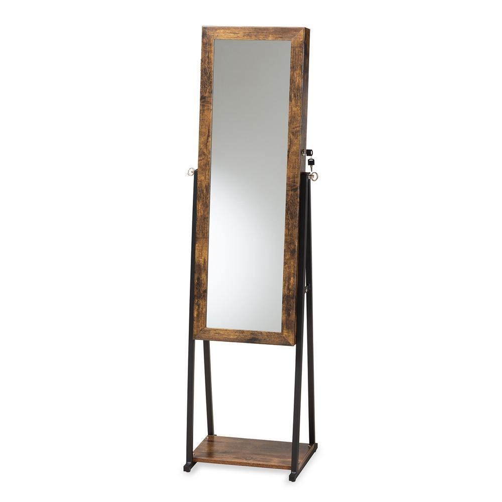 Ganit Modern and Contemporary Walnut Brown Finished Wood and Black Metal Jewelry Armoire with Mirror FredCo