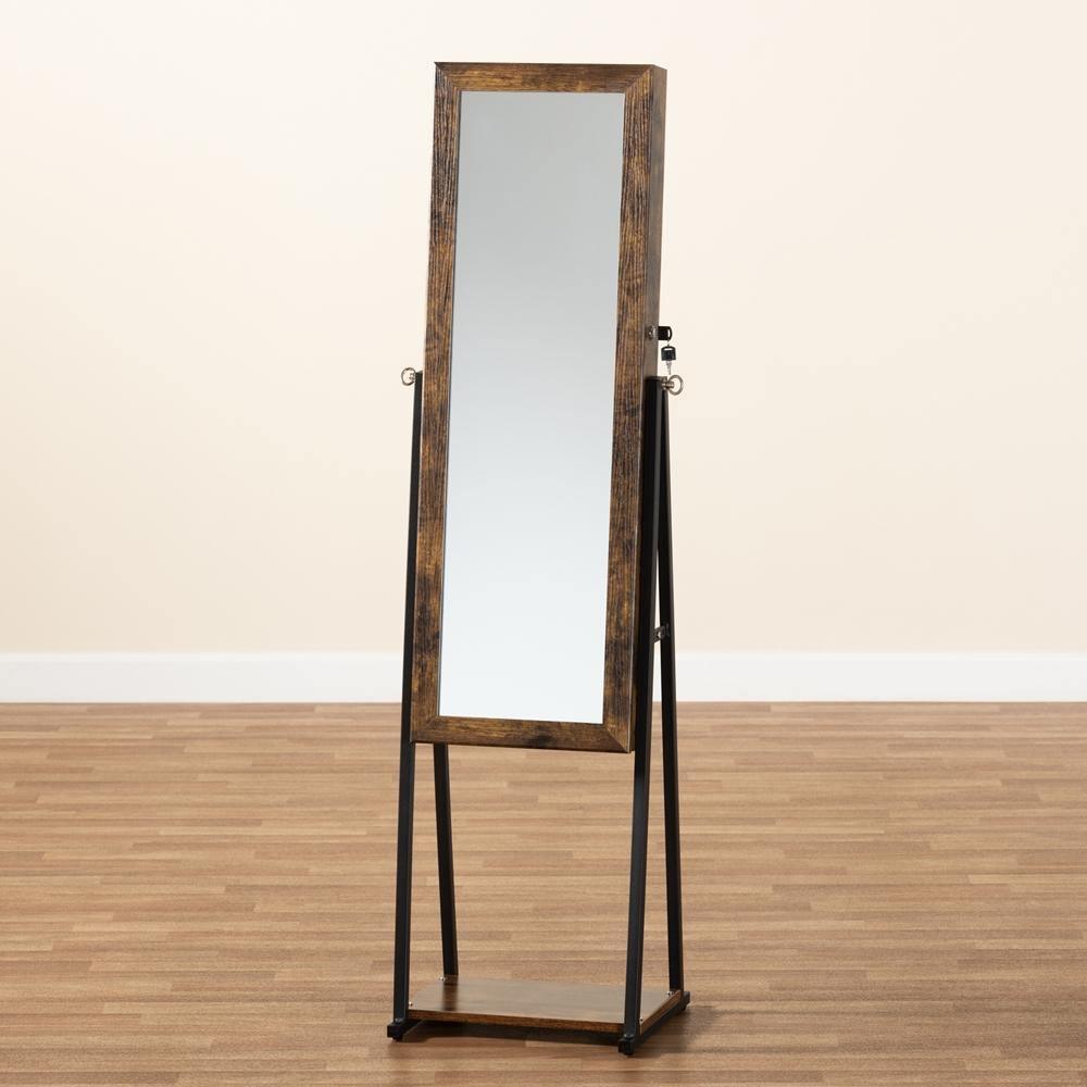Ganit Modern and Contemporary Walnut Brown Finished Wood and Black Metal Jewelry Armoire with Mirror FredCo