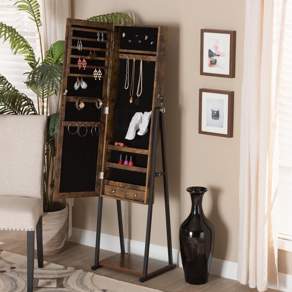 Ganit Modern and Contemporary Walnut Brown Finished Wood and Black Metal Jewelry Armoire with Mirror FredCo