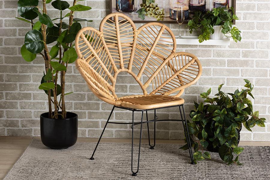 Garan Modern Bohemian Natural Brown Rattan and Black Metal Accent Chair FredCo