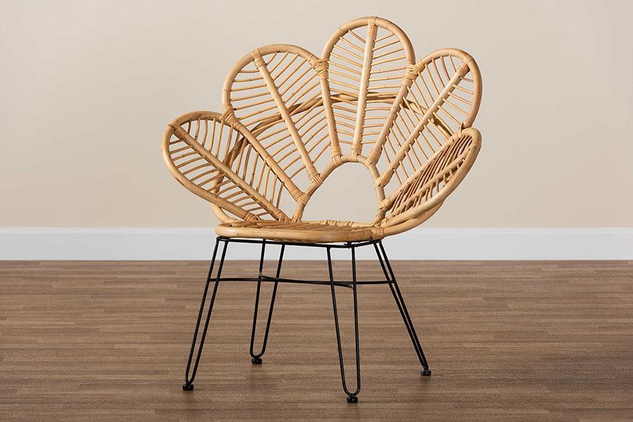 Garan Modern Bohemian Natural Brown Rattan and Black Metal Accent Chair FredCo