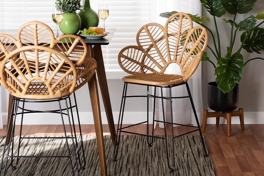 Garan Modern Bohemian Natural Brown Rattan and Black Metal Counter Stool FredCo