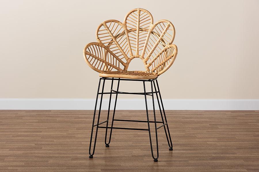 Garan Modern Bohemian Natural Brown Rattan and Black Metal Counter Stool FredCo