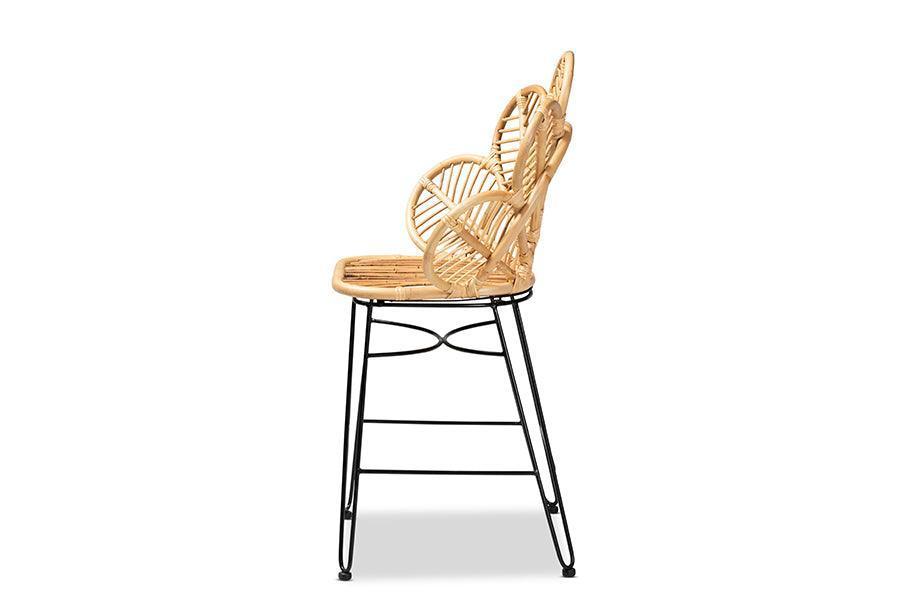 Garan Modern Bohemian Natural Brown Rattan and Black Metal Counter Stool FredCo