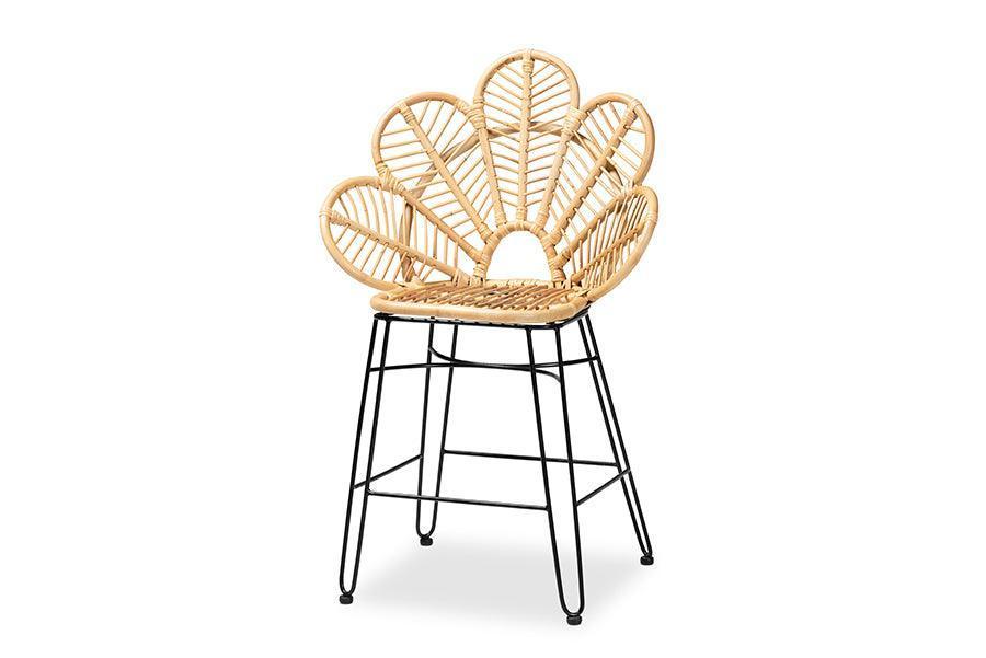 Garan Modern Bohemian Natural Brown Rattan and Black Metal Counter Stool FredCo