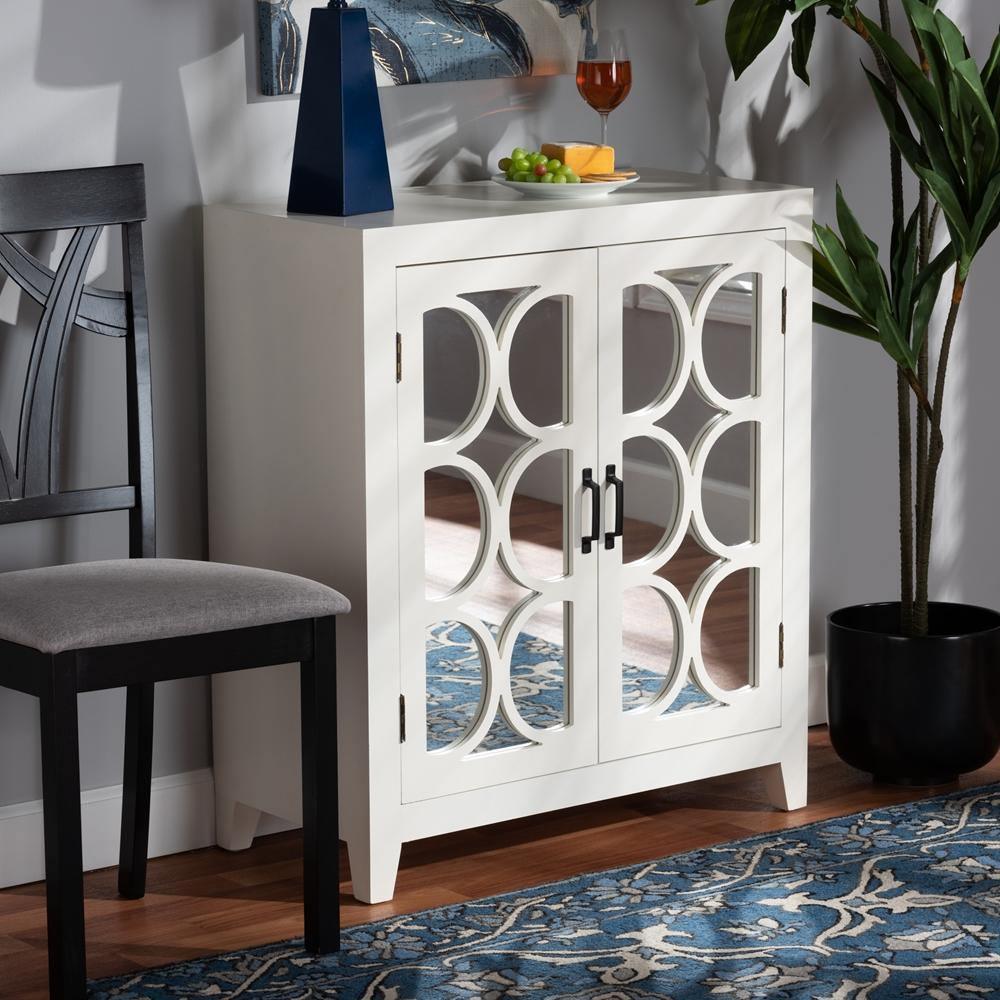 Garcelle Modern and Contemporary White Finished Wood and Mirrored Glass 2-Door Sideboard FredCo