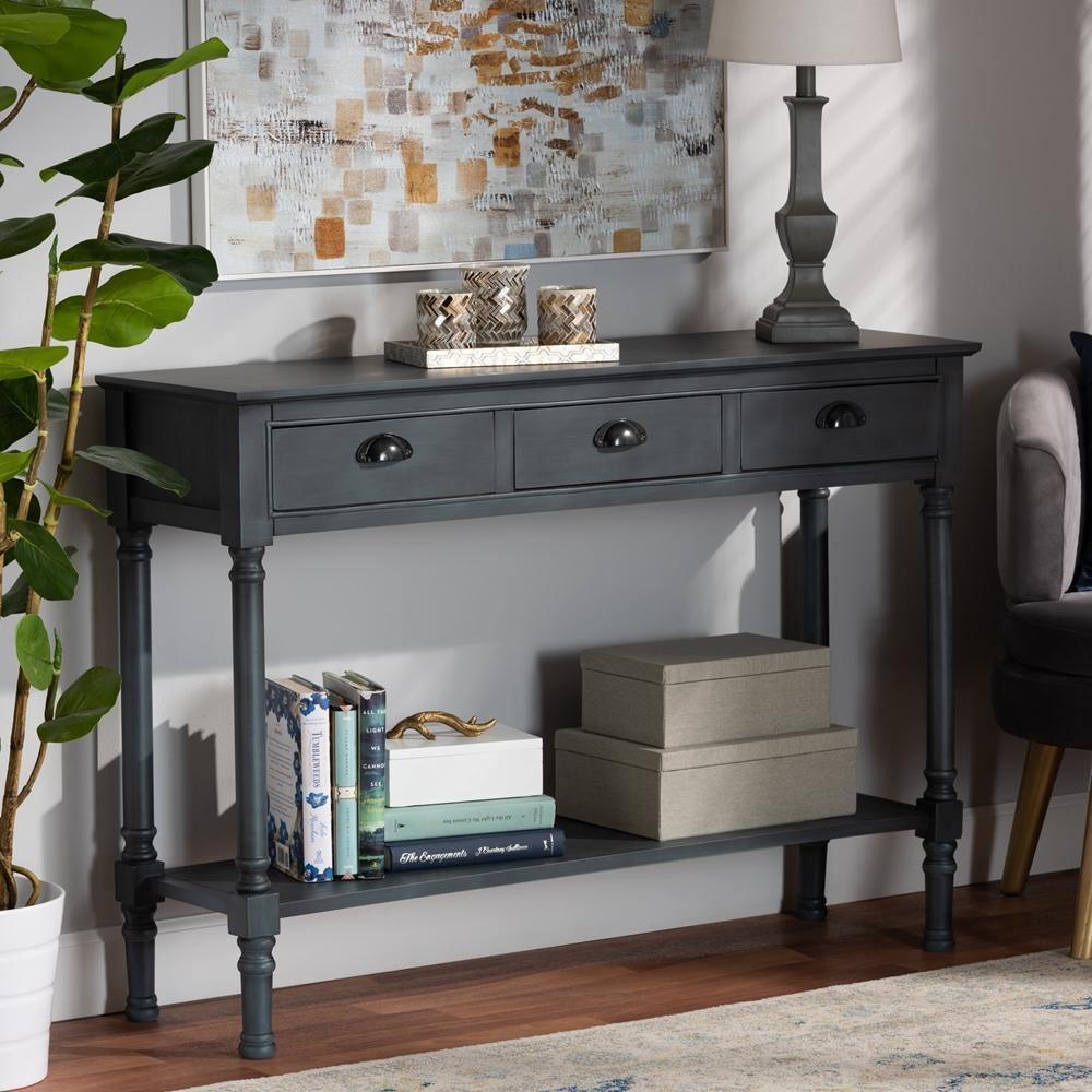 Garvey French Provincial Grey Finished Wood 3-Drawer Entryway Console Table FredCo